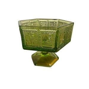 Vintage Imperial Glass Green Carnival Glass Compote - Old Trades Pattern